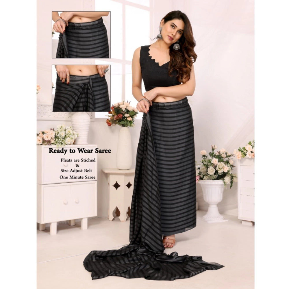 Generic Women's Black Berry Striped Ready-to-Wear Saree With Unstitched Blouse 5.5 Mtr (Grey-Black)