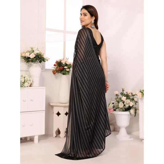 Generic Women's Black Berry Striped Ready-to-Wear Saree With Unstitched Blouse 5.5 Mtr (Grey-Black)