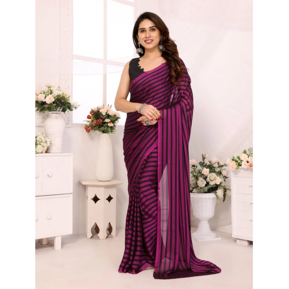 Generic Women's Black Berry Striped Ready-to-Wear Saree With Unstitched Blouse 5.5 Mtr (Purple-Black)