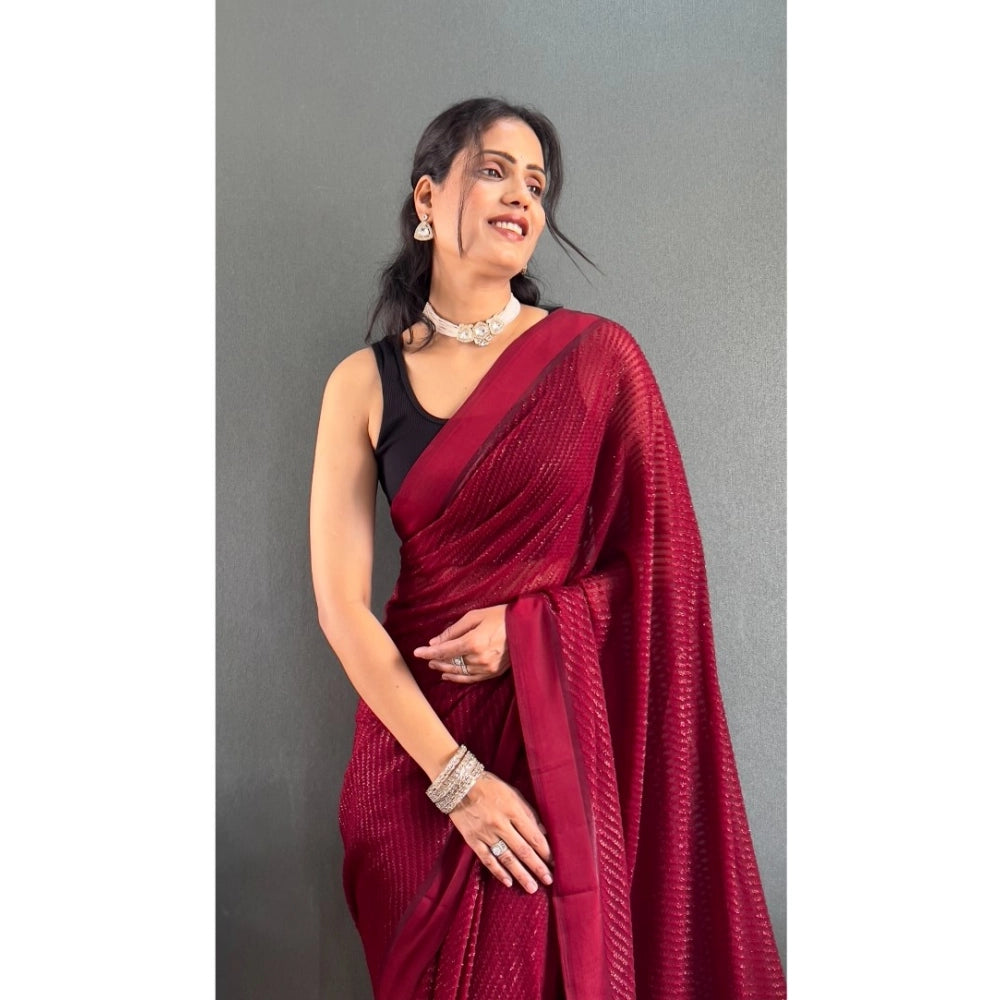 Generic Women's Chiffon Solid Ready to wear Saree With Unstitched Blouse 5.5 Mtr (Maroon)