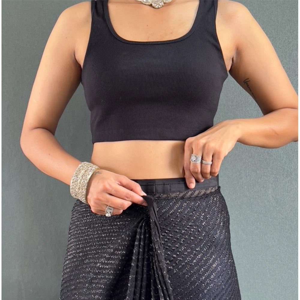 Generic Women's Chiffon Solid Ready to wear Saree With Unstitched Blouse 5.5 Mtr (Black )