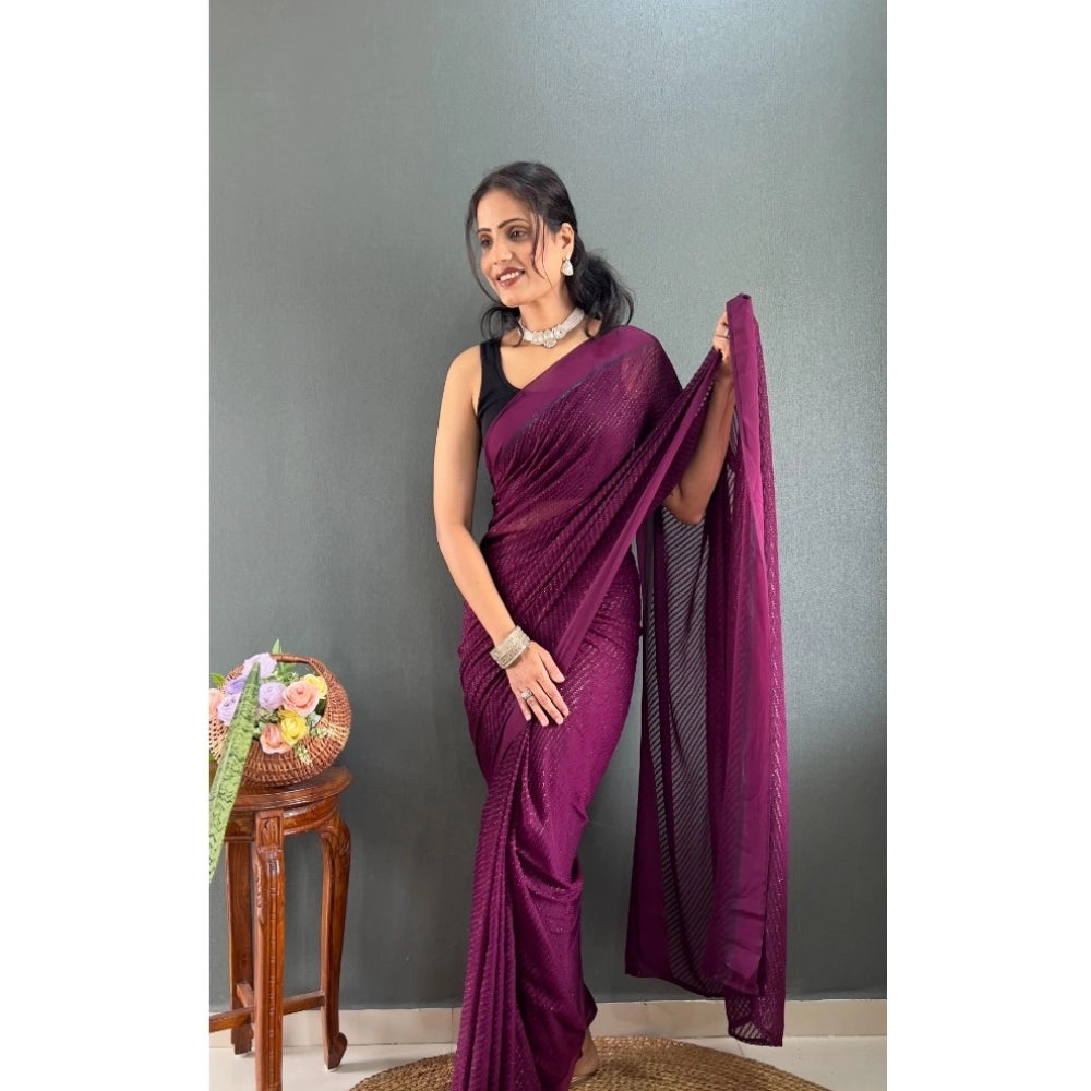 Generic Women's Chiffon Solid Ready to wear Saree With Unstitched Blouse 5.5 Mtr (Wine )