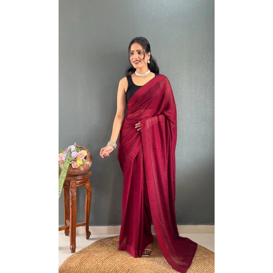 Generic Women's Chiffon Solid Ready to wear Saree With Unstitched Blouse 5.5 Mtr (Maroon)