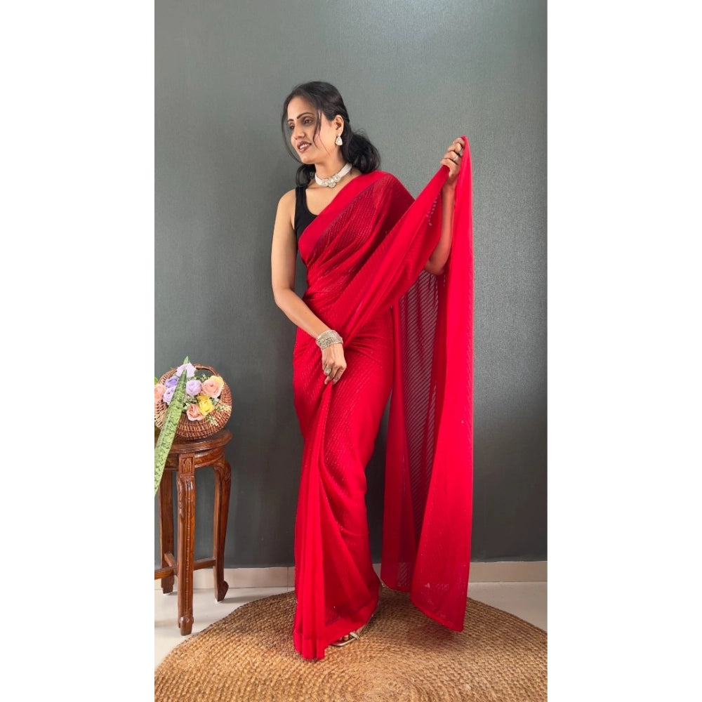 Generic Women's Chiffon Solid Ready to wear Saree With Unstitched Blouse 5.5 Mtr (Red)