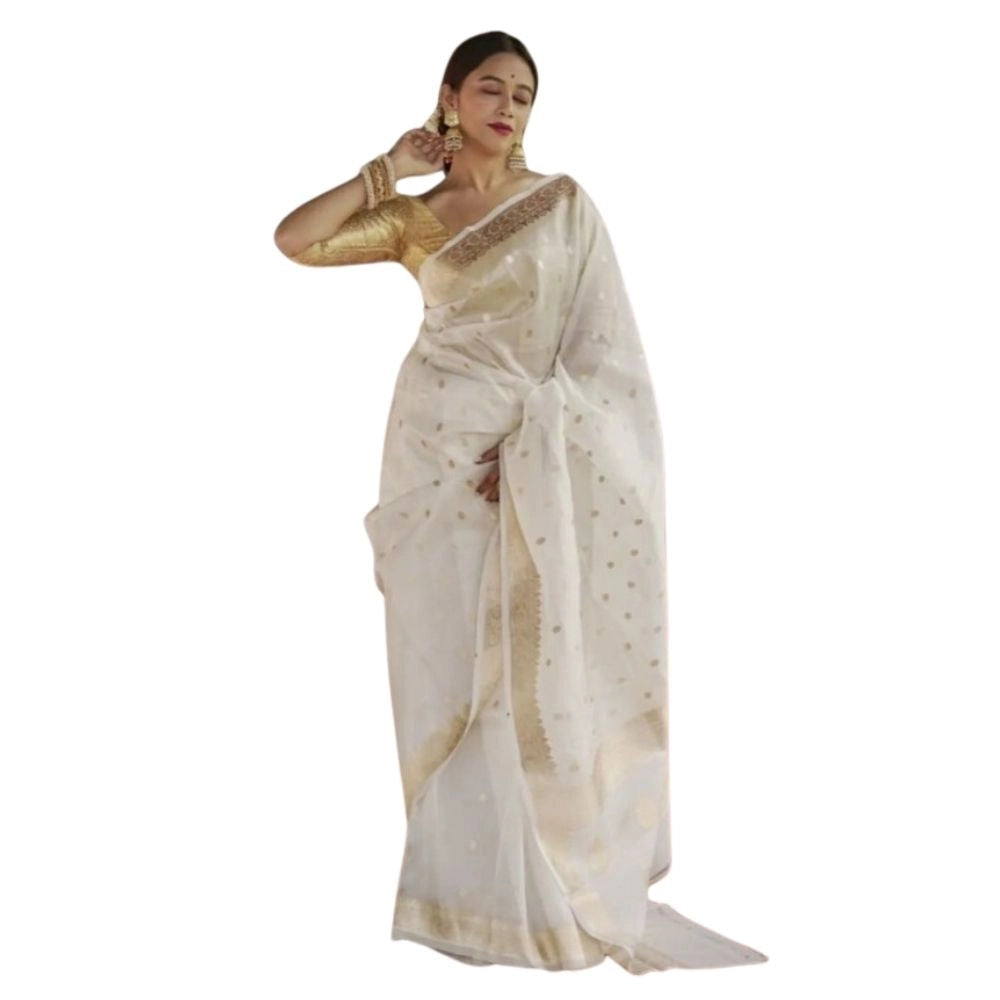Generic Women's Cotton Printed Saree With Unstitched Blouse 5.5Mtr (White)
