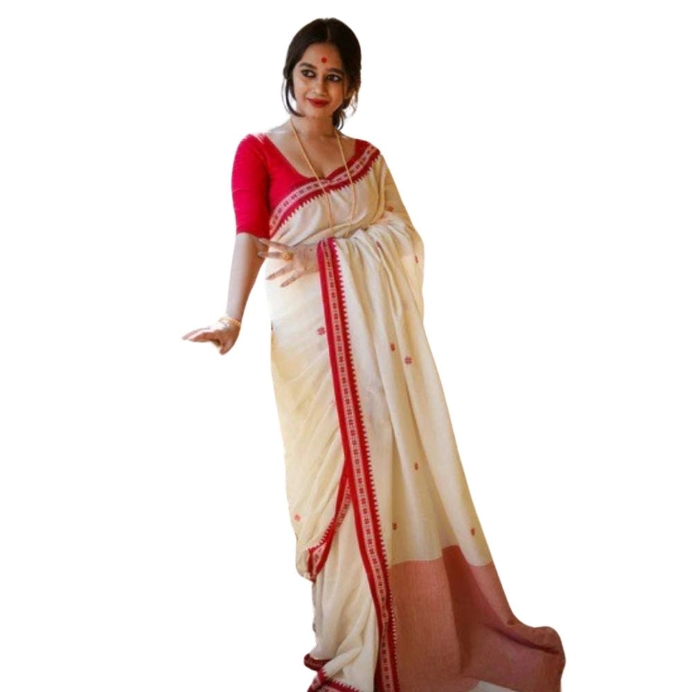 Generic Women's Cotton Printed Saree With Unstitched Blouse 5.5Mtr (White)