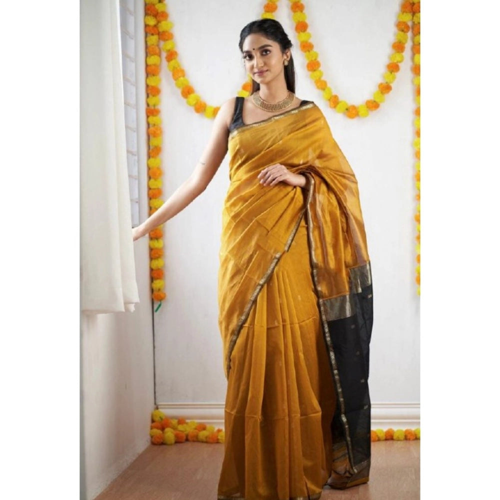 Generic Women's Cotton Printed Saree With Unstitched Blouse 5.5Mtr (Yellow)