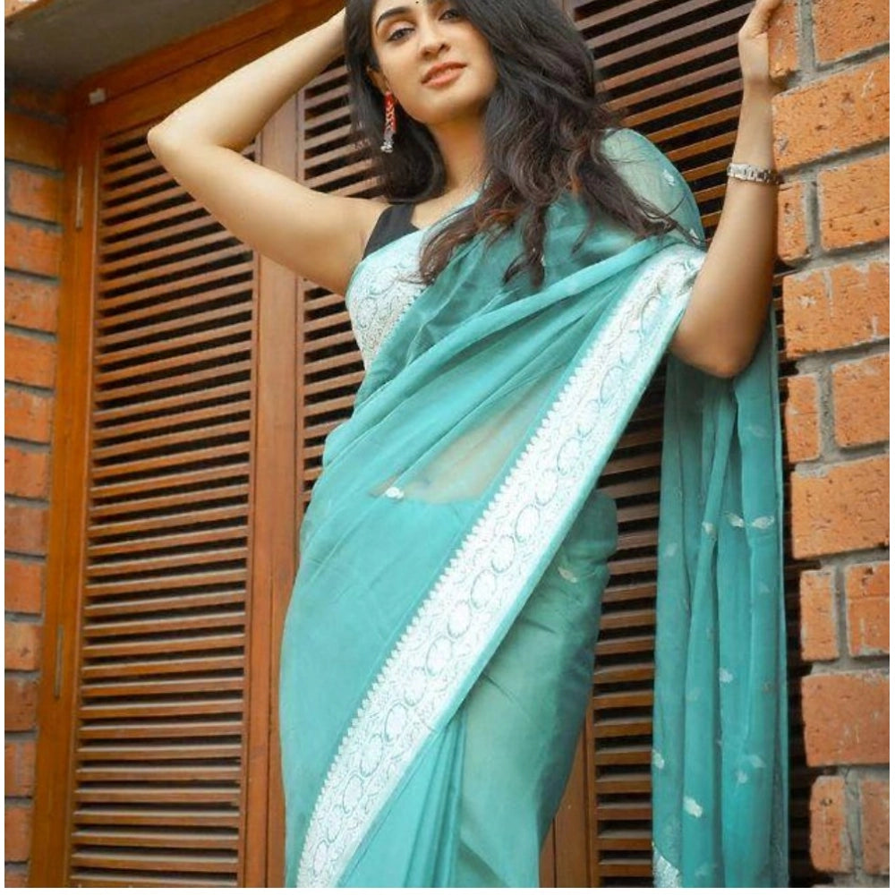 Generic Women's Cotton Printed Saree With Unstitched Blouse 5.5Mtr (Sky Blue)