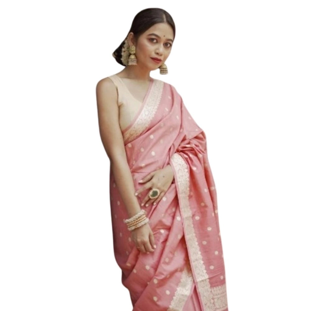 Generic Women's Cotton Printed Saree With Unstitched Blouse 5.5Mtr (Peach)