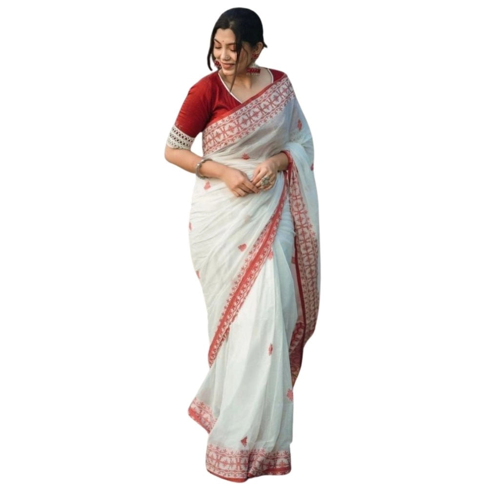 Generic Women's Cotton Printed Saree With Unstitched Blouse 5.5Mtr (White-Red)