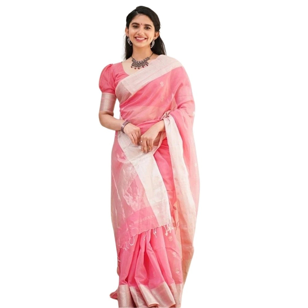 Generic Women's Cotton Printed Saree With Unstitched Blouse 5.5Mtr (Pink)