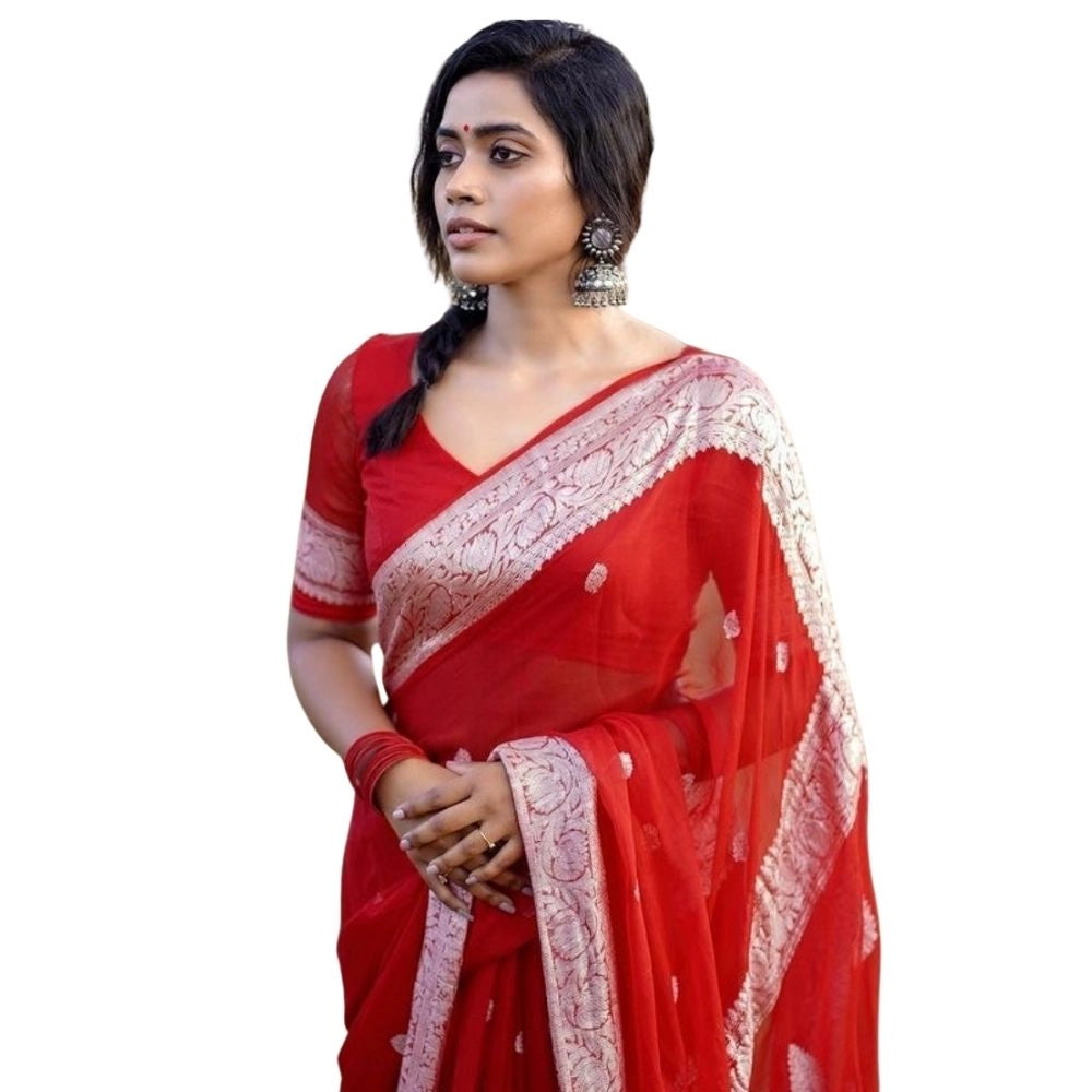 Generic Women's Cotton Printed Saree With Unstitched Blouse 5.5Mtr (Red)
