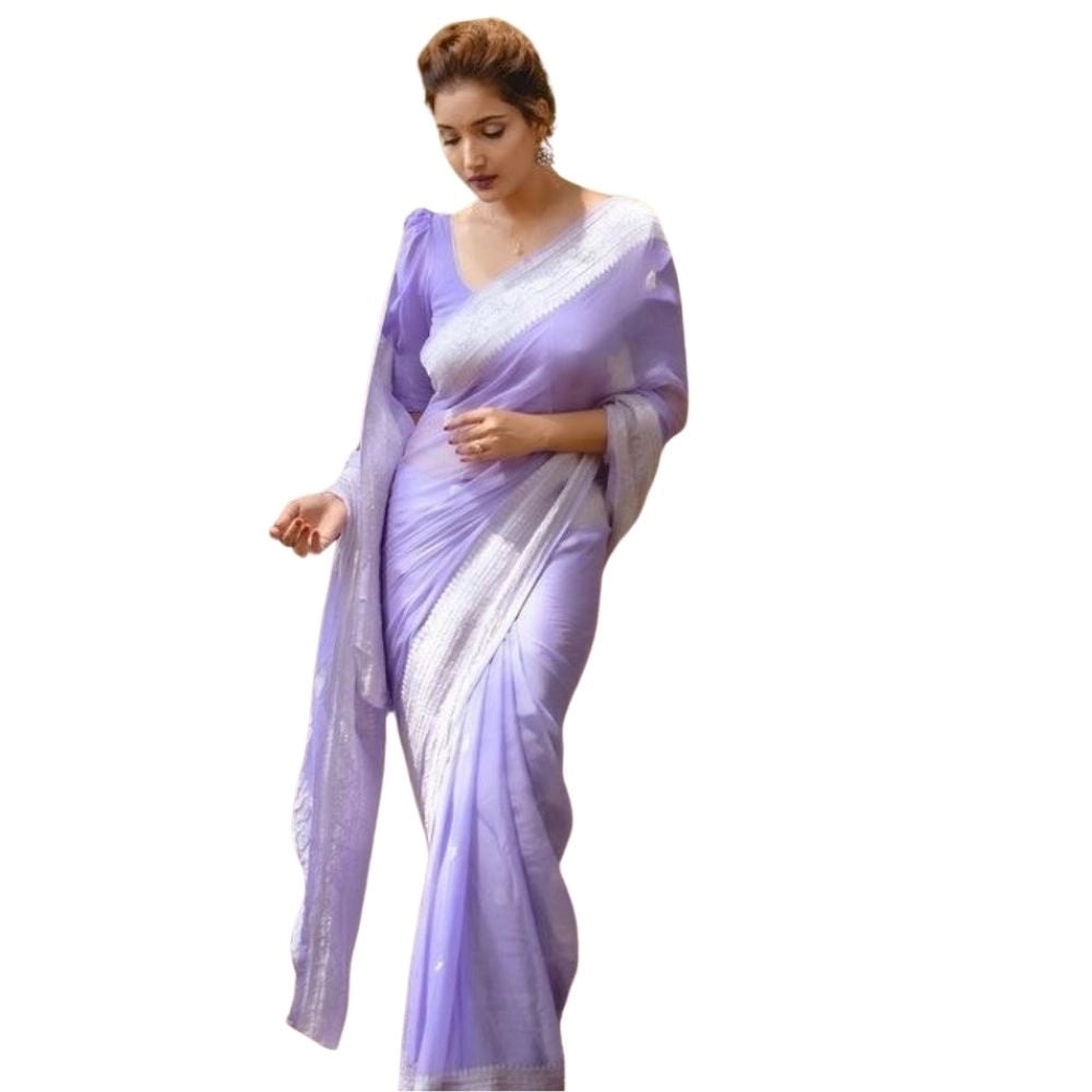 Generic Women's Cotton Printed Saree With Unstitched Blouse 5.5Mtr (Lavender)