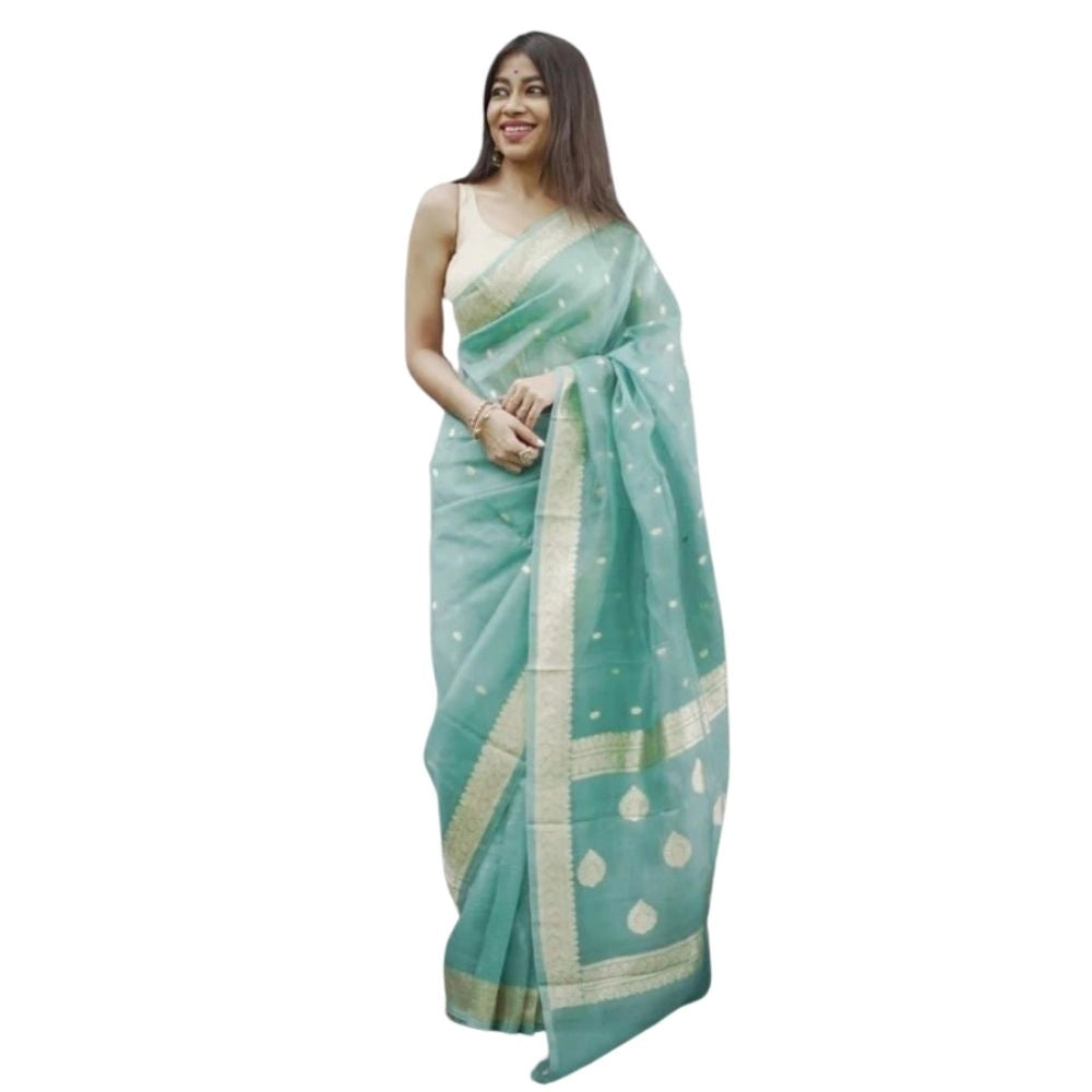 Generic Women's Cotton Printed Saree With Unstitched Blouse 5.5Mtr (Sky)