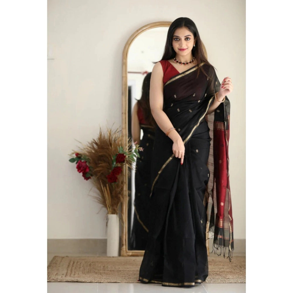 Generic Women's Cotton Printed Saree With Unstitched Blouse 5.5Mtr (Black)