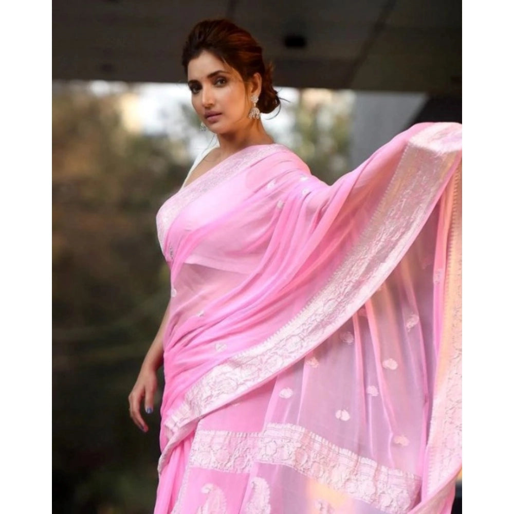 Generic Women's Cotton Printed Saree With Unstitched Blouse 5.5Mtr (Pink)