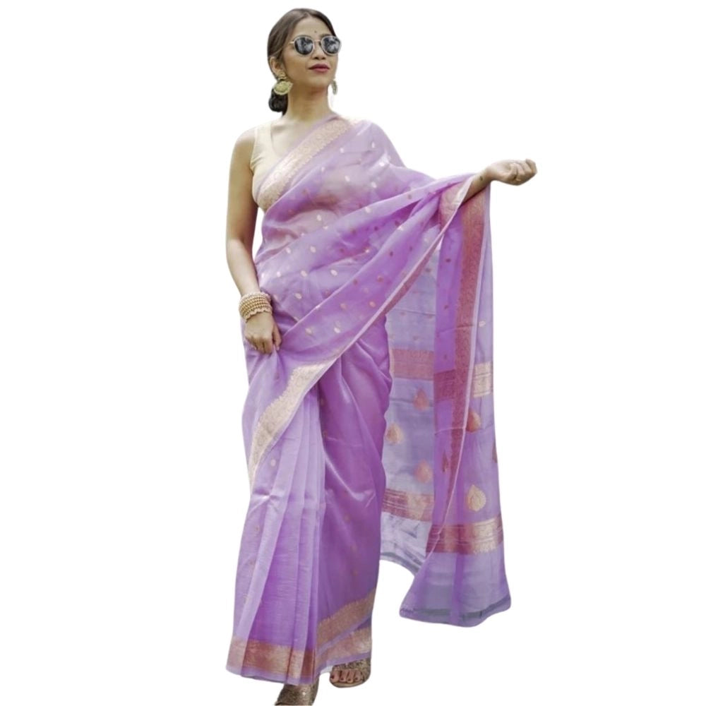 Generic Women's Cotton Printed Saree With Unstitched Blouse 5.5Mtr (Lavender)
