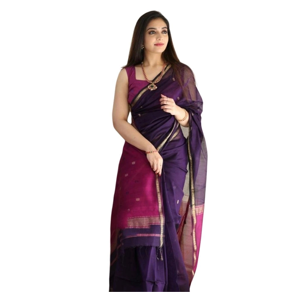 Generic Women's Cotton Printed Saree With Unstitched Blouse 5.5Mtr (Navy Blue)