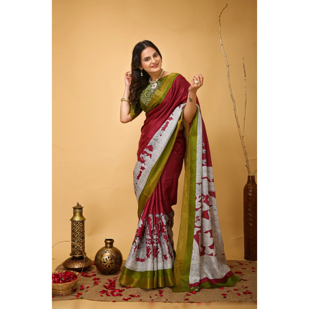 Generic Women's Soft Handloom Cotton Kalamkari Printed Saree With Unstitched Blouse 5.5Mtr (Maroon)