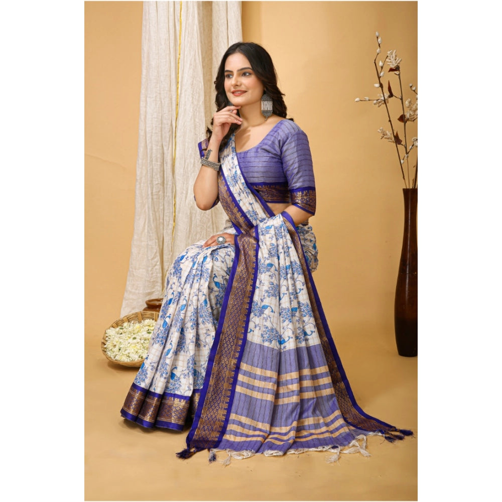 Generic Women's Soft Cotton Silk Printed Saree With Unstitched Blouse 5.5Mtr (Purple)