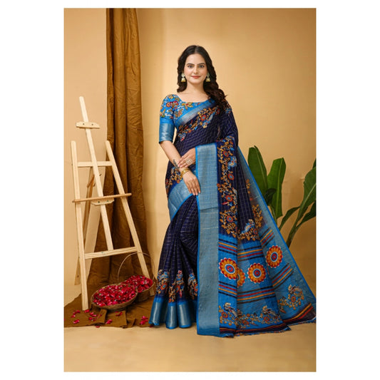 Generic Women's Soft Dola Cotton Kalamkari Printed Saree With Unstitched Blouse 5.5Mtr (Navy Blue)