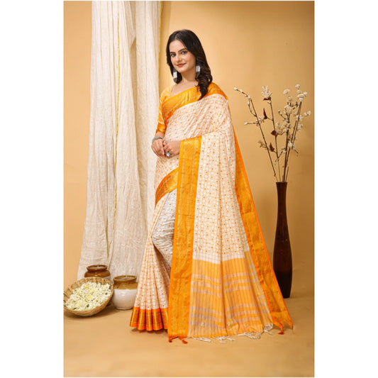 Generic Women's Soft Cotton Silk Printed Saree With Unstitched Blouse 5.5Mtr (Yellow)