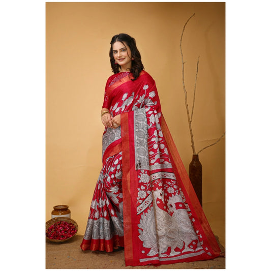 Generic Women's Soft Handloom Cotton Kalamkari Printed Saree With Unstitched Blouse 5.5Mtr (Pink)