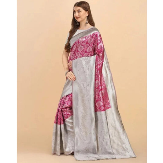 Generic Women's Soft Lichi Silk Printed Saree With Unstitched Blouse 5.5Mtr (Pink)