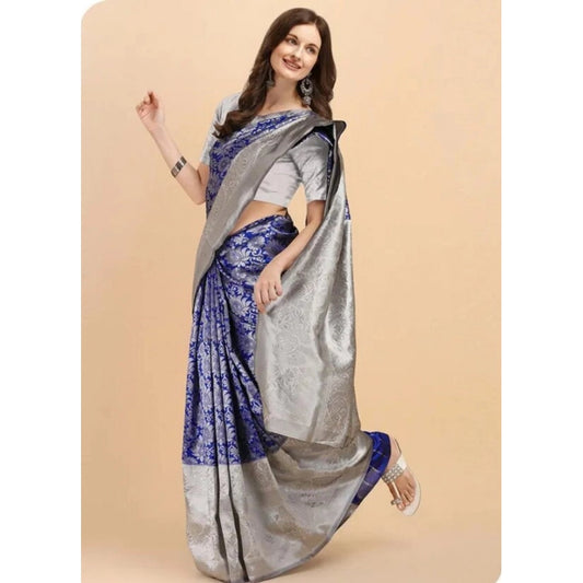 Generic Women's Soft Lichi Silk Printed Saree With Unstitched Blouse 5.5Mtr (Blue)