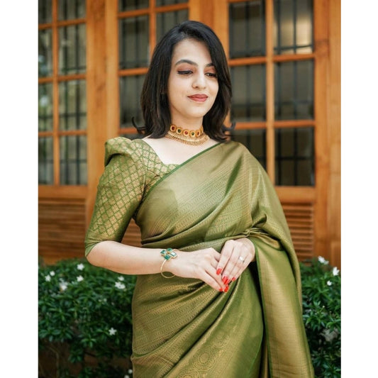 Generic Women's Soft Lichi Silk Printed Saree With Unstitched Blouse 5.5Mtr (Green)