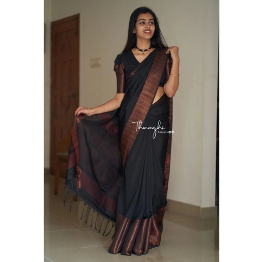 Generic Women's Soft Lichi Silk Solid Saree With Unstitched Blouse 5.5Mtr (Black)