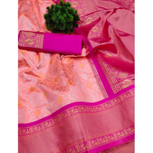 Generic Women's Soft Lichi Silk Printed Saree With Unstitched Blouse 5.5Mtr (Pink)