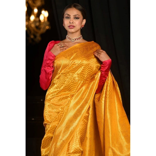 Generic Women's Soft Lichi Silk Woven Saree With Unstitched Blouse 5.5Mtr (Yellow)