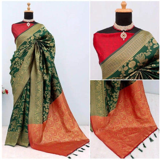 Generic Women's Banarasi Printed Saree With Unstitched Blouse 5.5Mtr (Green)