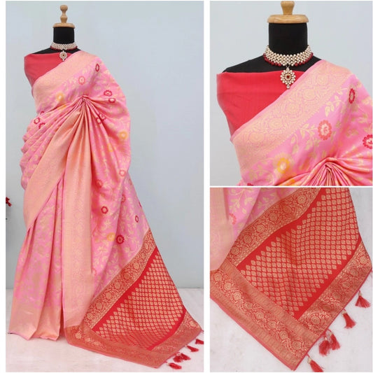 Generic Women's Banarasi Printed Saree With Unstitched Blouse 5.5Mtr (Pink)