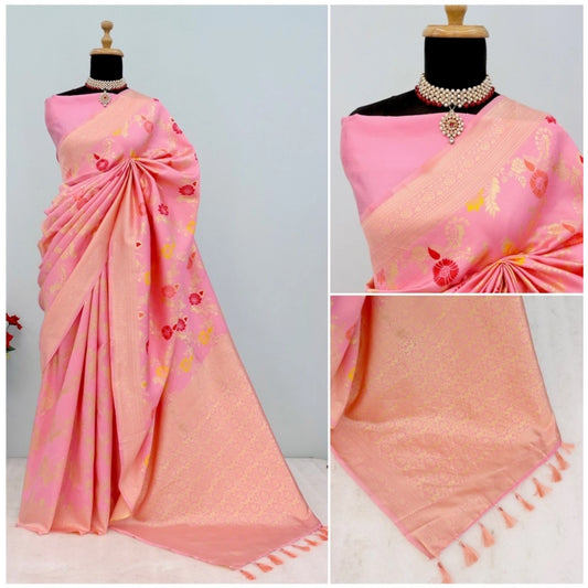 Generic Women's Banarasi Printed Saree With Unstitched Blouse 5.5Mtr (Pink)