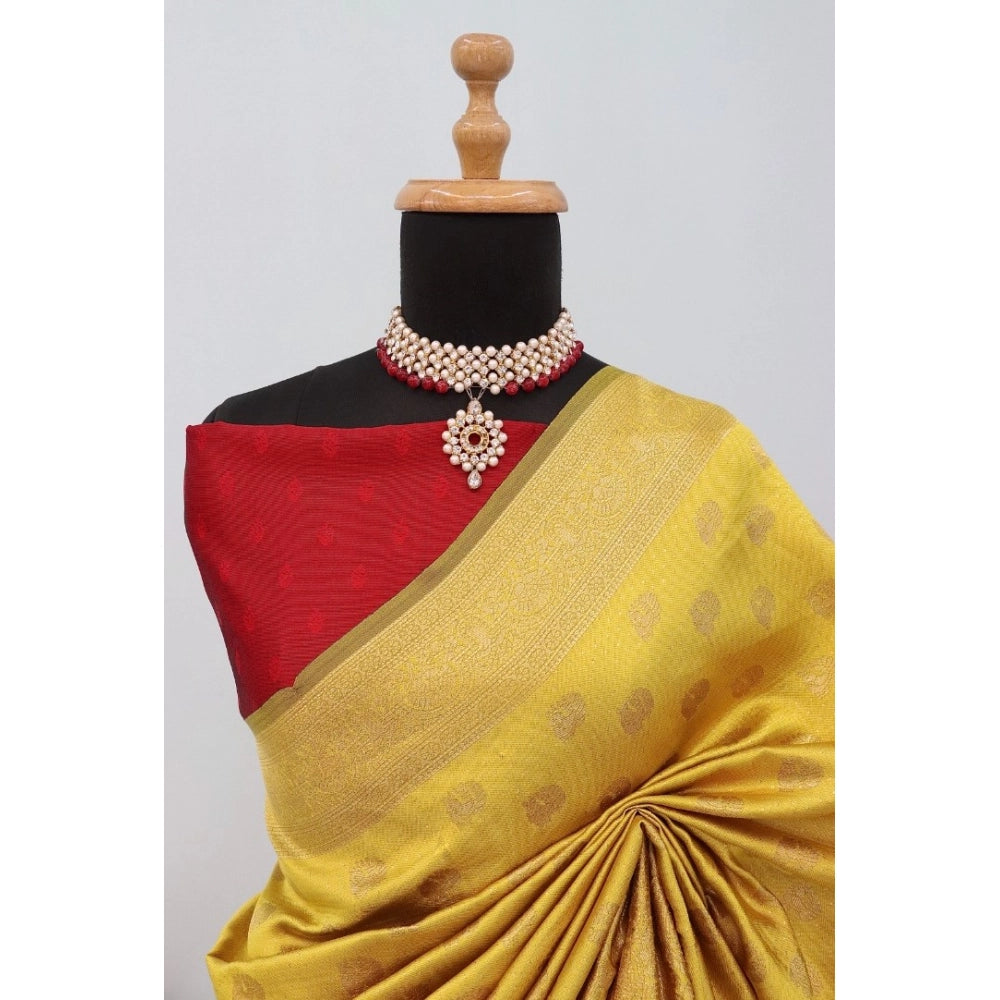 Generic Women's Banarasi Printed Saree With Unstitched Blouse 5.5Mtr (Yellow)