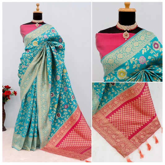 Generic Women's Banarasi Printed Saree With Unstitched Blouse 5.5Mtr (Rama)