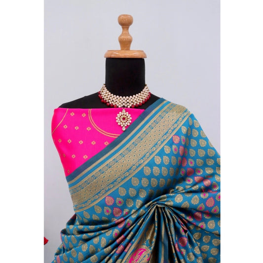 Generic Women's Banarasi Printed Saree With Unstitched Blouse 5.5Mtr (Aqua Blue)