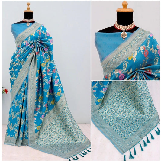 Generic Women's Banarasi Printed Saree With Unstitched Blouse 5.5Mtr (Aqua Blue)