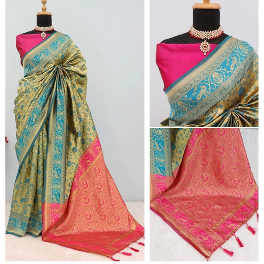 Generic Women's Banarasi Printed Saree With Unstitched Blouse 5.5Mtr (Golden)