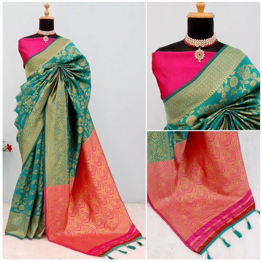 Generic Women's Banarasi Printed Saree With Unstitched Blouse 5.5Mtr (Rama)