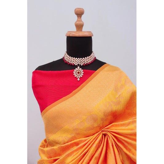 Generic Women's Banarasi Printed Saree With Unstitched Blouse 5.5Mtr (Yellow)