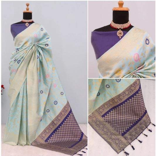 Generic Women's Banarasi Printed Saree With Unstitched Blouse 5.5Mtr (Firozi)