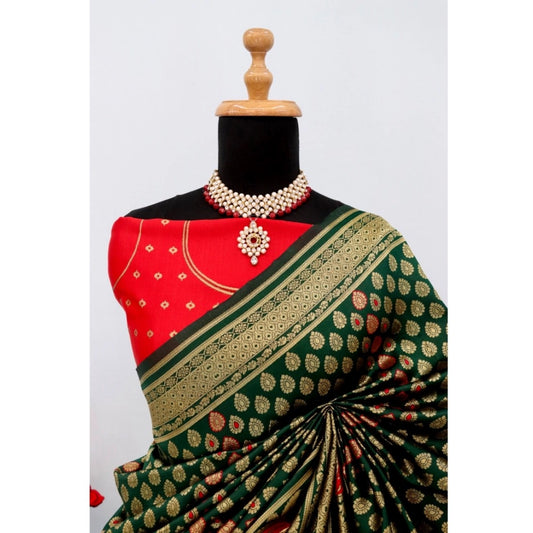 Generic Women's Banarasi Printed Saree With Unstitched Blouse 5.5Mtr (Green)