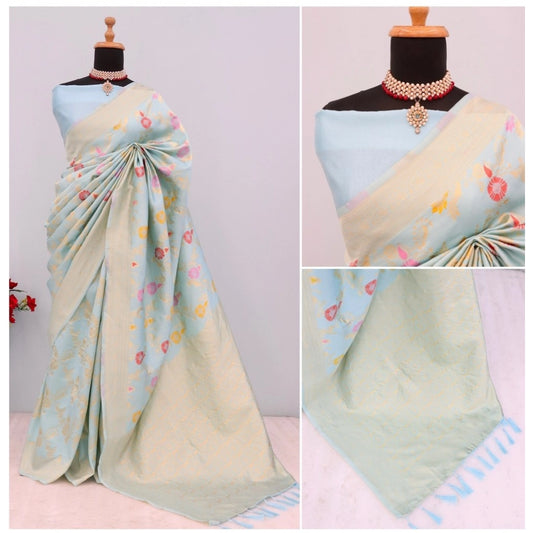 Generic Women's Banarasi Printed Saree With Unstitched Blouse 5.5Mtr (Firozi)