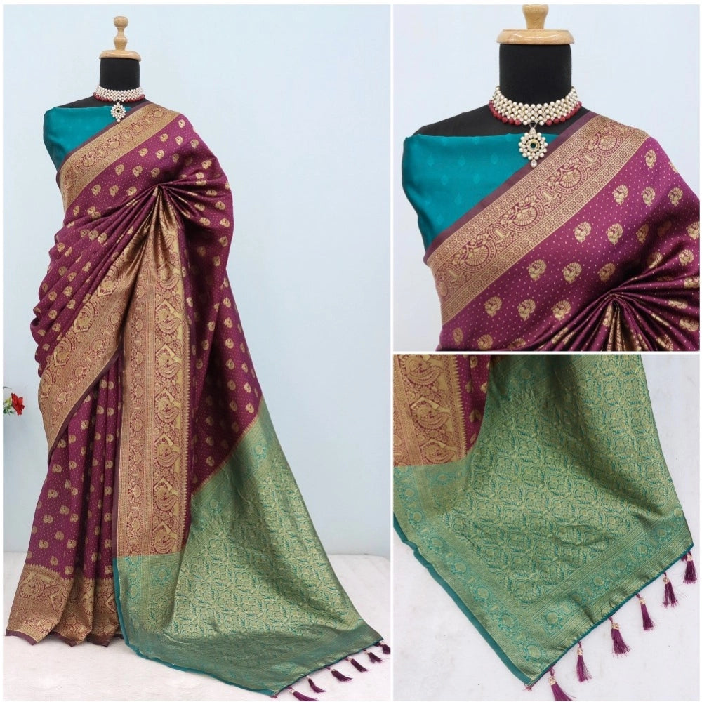 Generic Women's Banarasi Printed Saree With Unstitched Blouse 5.5Mtr (Purple)