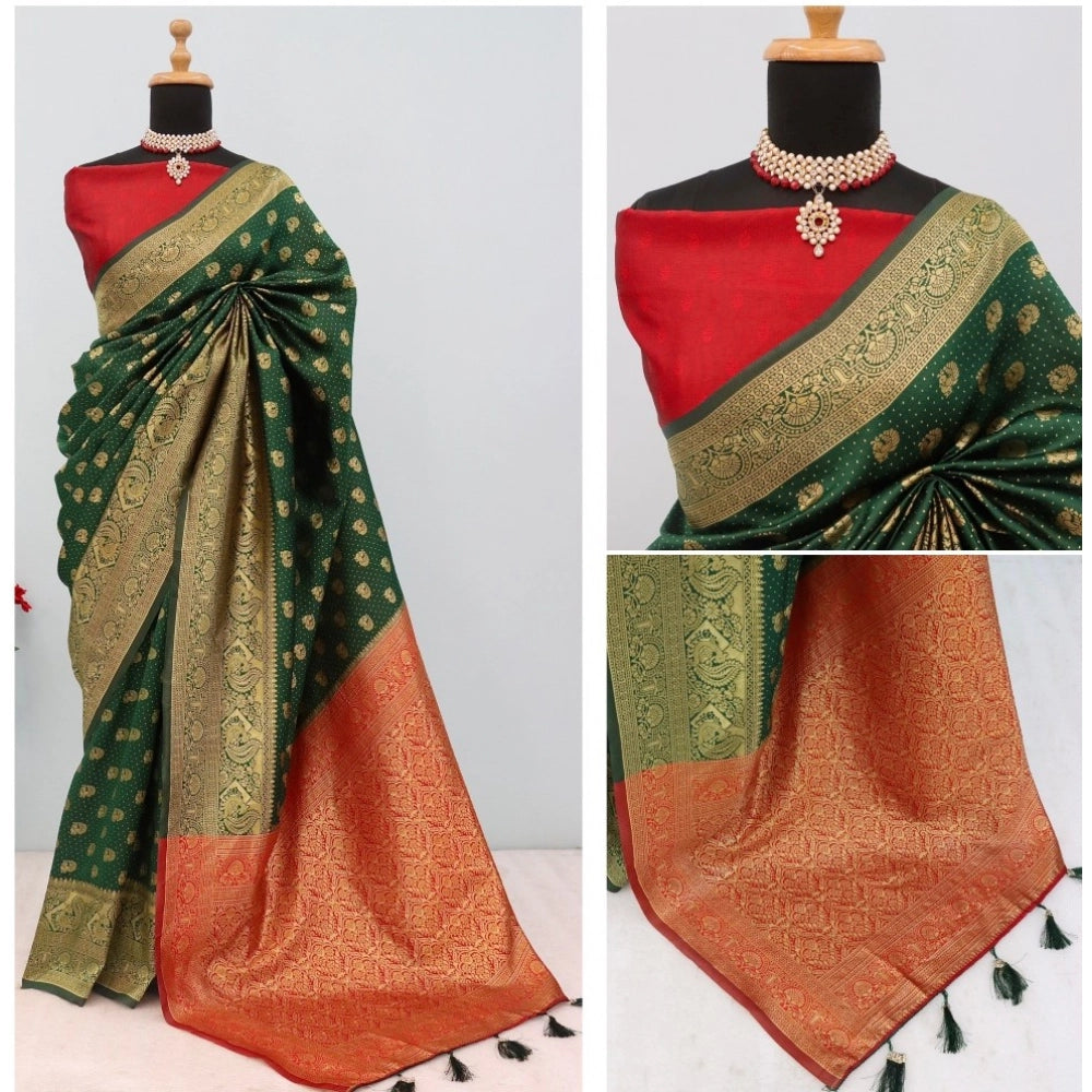Generic Women's Banarasi Printed Saree With Unstitched Blouse 5.5Mtr (Green)