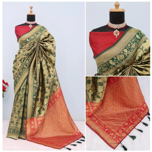 Generic Women's Banarasi Printed Saree With Unstitched Blouse 5.5Mtr (Golden)