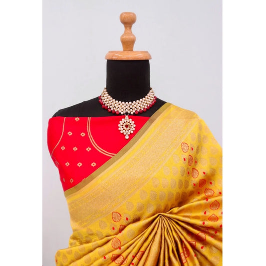 Generic Women's Banarasi Printed Saree With Unstitched Blouse 5.5Mtr (Yellow)